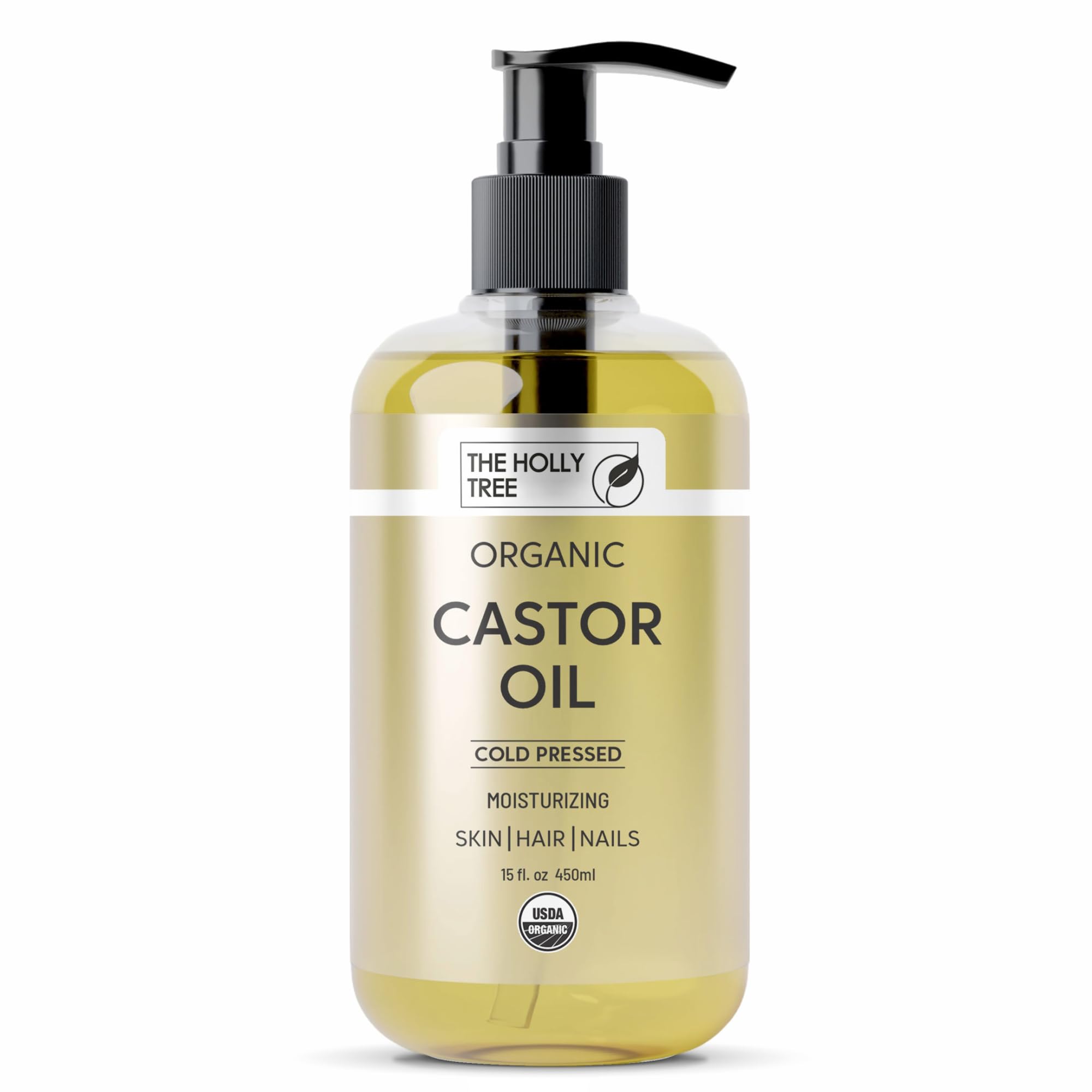 Organic Cold Pressed Castor Oil for Hair - 450 ml - Castor Oil for Skin, Eyelashes & Eyebrow Growth - Cold Pressed - 100% Pure and Organic - Non-GMO, Vegan, Cruelty-free - The Holly Tree