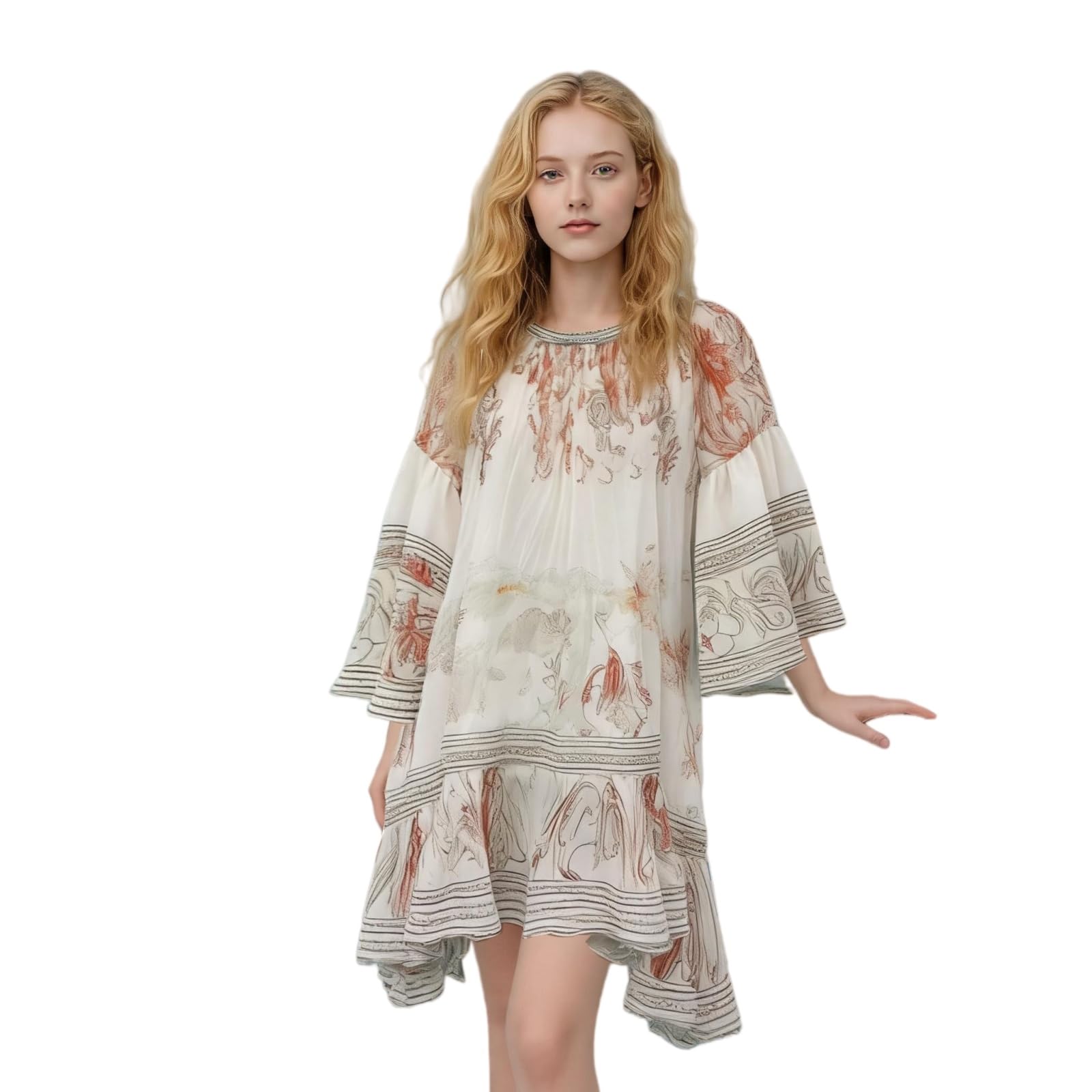 Vestito Donna Estate Floral Midi Abito Manica Lunga Sciolto Adatto Ruffle Dettaglio Elegante Stampato Vacanza Casual-Beige-m