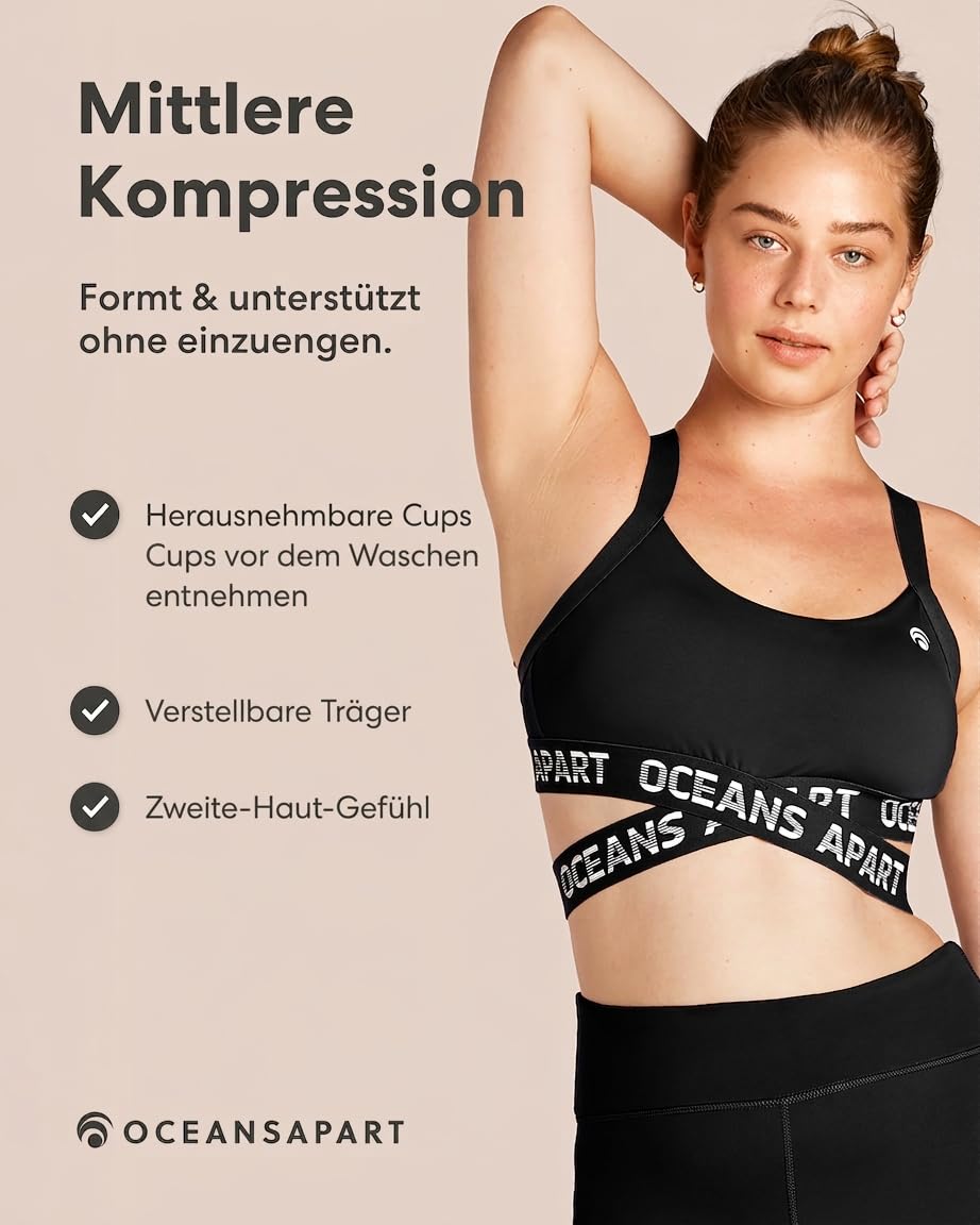 OCEANSAPART Beauty Bra Sport BH Damen ohne Bügel - Sportoberteil für Yoga & Alltag mit mittlerem Halt, herausnehmbaren Cups, Racerback und schnelltrocknendem Stretchmaterial