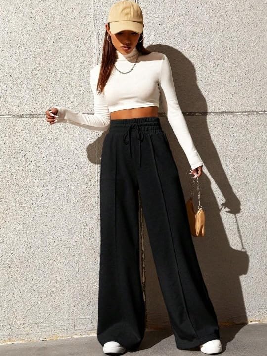 Image of Women's Wide Leg Casual Pants, High Waist Cotton Blend, Drawstring, Light Colour, Relaxed Fit