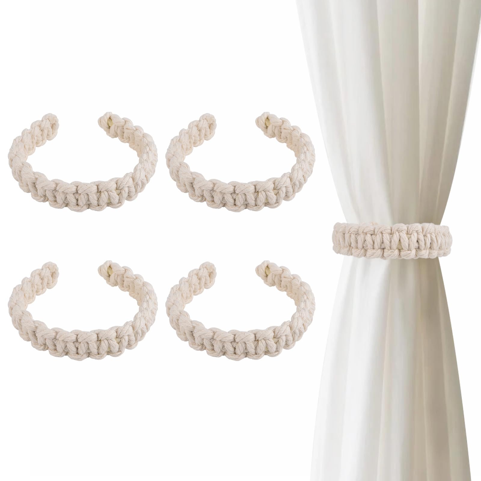 TopHomer 4er Pack Raffhalter für Gardinen aus Hanf & Baumwollseil | Vorhang Halter für Wohnzimmer & Schlafzimmer | Boho Dekor (cremeweiße Baumwollschnur)