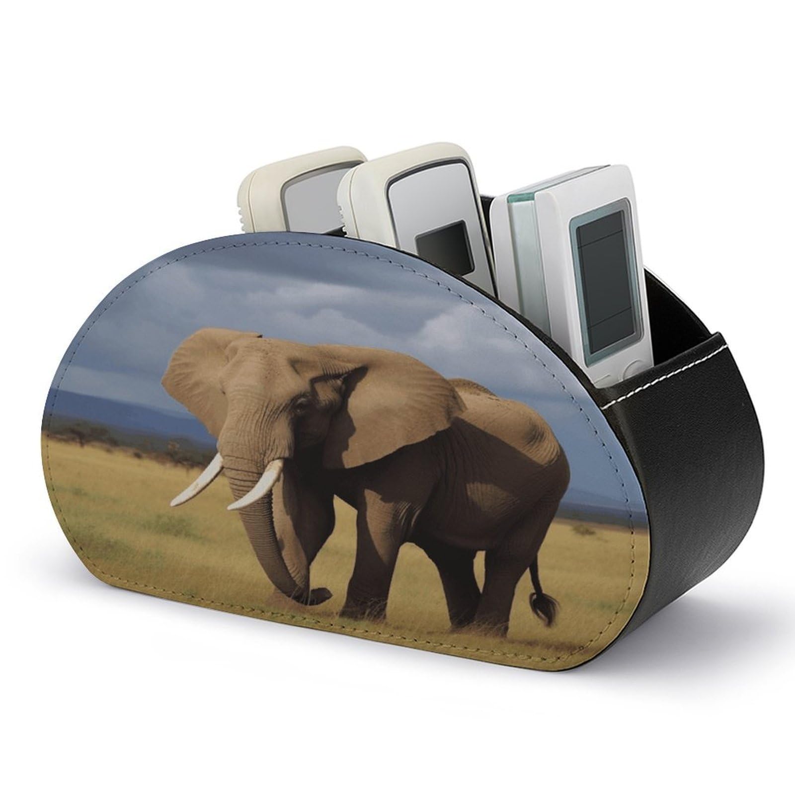 FekiLoot Africa Grassland Elephant Remote Control Holder with 5 Compartments Multi-functional TV Remote Caddy Organizer Leather TV Remote Holder Desktop Organizer Store for Bedside Table Office Desk