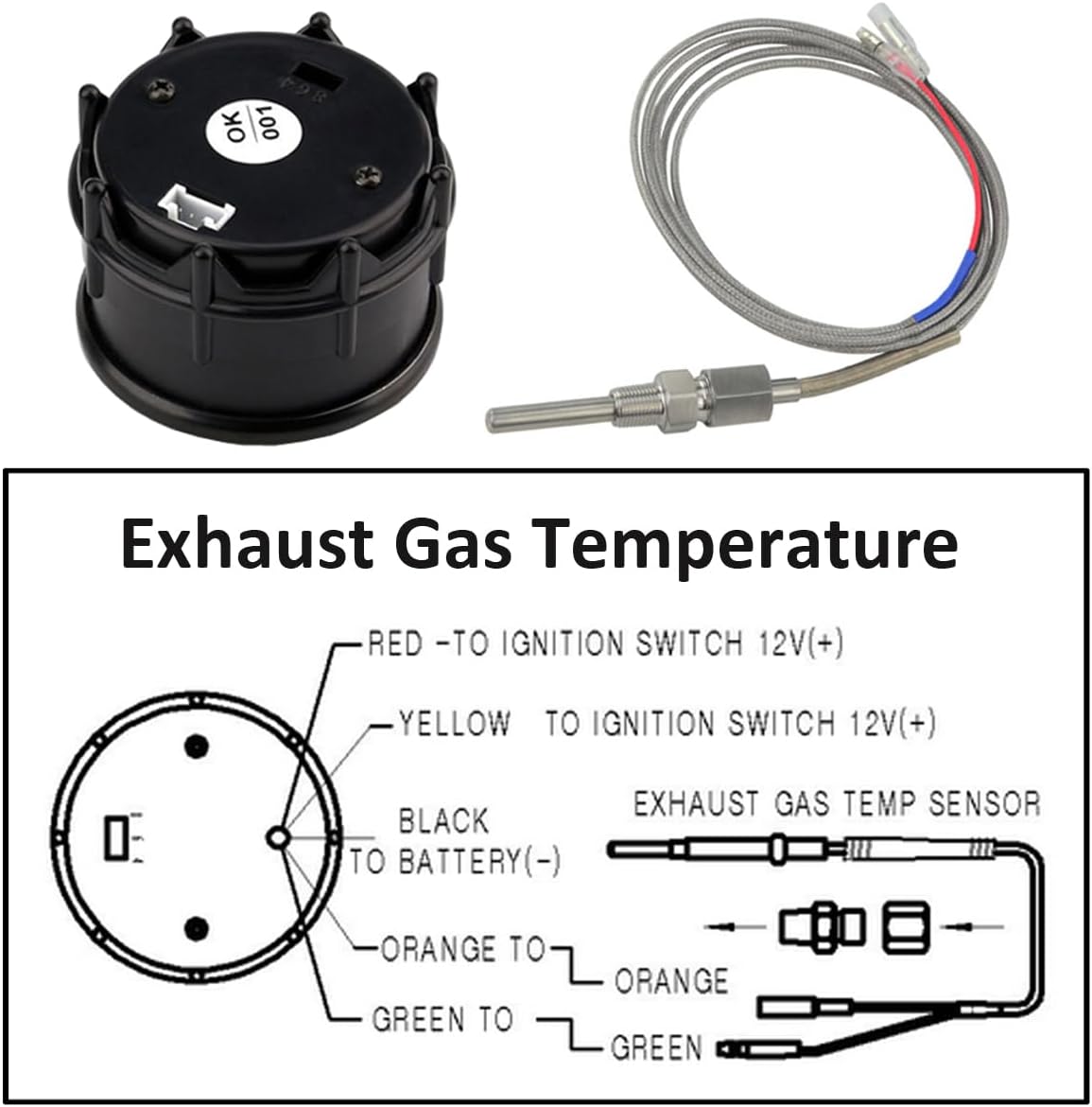 Car Exhaust Gas Temperature Gauge 12V Auto Exhaust Gas Temp Gauge Celsius 2" 52mm Car EGT Temp Gauges Meter Digital Blue Light Gauge Instruments with Sensor