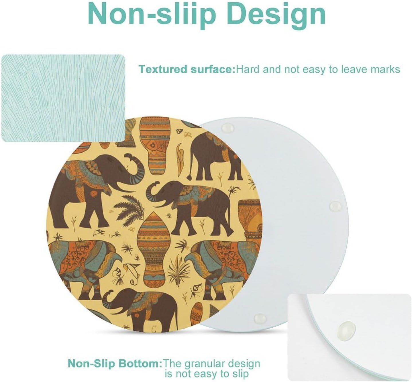 Africa Elephant Cutting Board Portable Small Chopping Boards Tempered Glass Kitchen Counter Protector Non-Slip Round Charcuterie Boards Mat for Bar Cheese Board