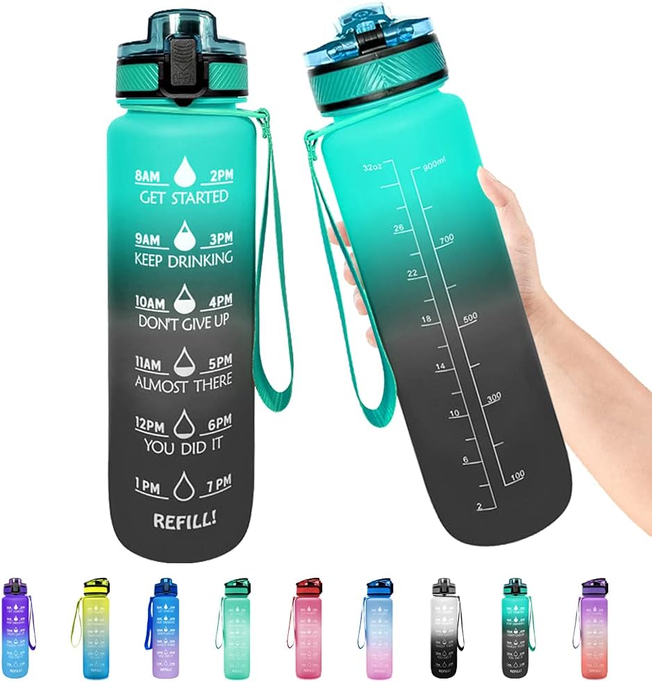 ChuLian 32oz Large Water Bottle with Time Marker, Leakproof BPA Free Sports Water Bottle with Strainer, Reusable Tritan Water Bottle for Sports & Fitness and Outdoor Activities