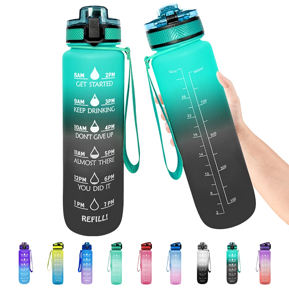 32oz Large Water Bottle with Time Marker, Leakproof BPA Free Sports Water Bottle with Strainer, Reusable Tritan Water Bottle for Sports & Fitness and Outdoor Activities