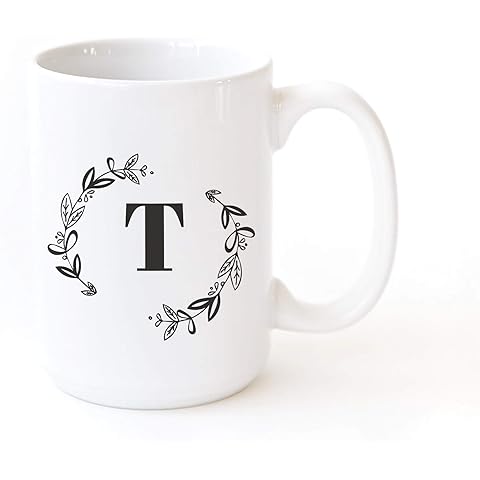 The Cotton & Canvas Co. Botanical Personalized Monogram Initial Letter T Coffee Mug Porcelain Ceramic Coffee Mug. For Her, For Him