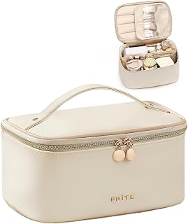 Prite Large Capacity Waterproof Makeup Bag for Travel - Vegan Leather Cosmetic Organizer with Brush Slots, Handle & Divider (Beige)