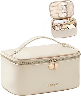 Prite Makeup Bag Portable Cosmetic Organizer with Brush Holder Waterproof Travel Toiletry Bag for Women with Handle and Divider (Beige)