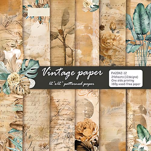 Papel para álbumes de recortes, paquetes de papel vintage de 12 x 12 pulgadas, 24 hojas/12 diseños estéticos decorativos de papelería, álbumes de recortes, manualidades, planificador diario para