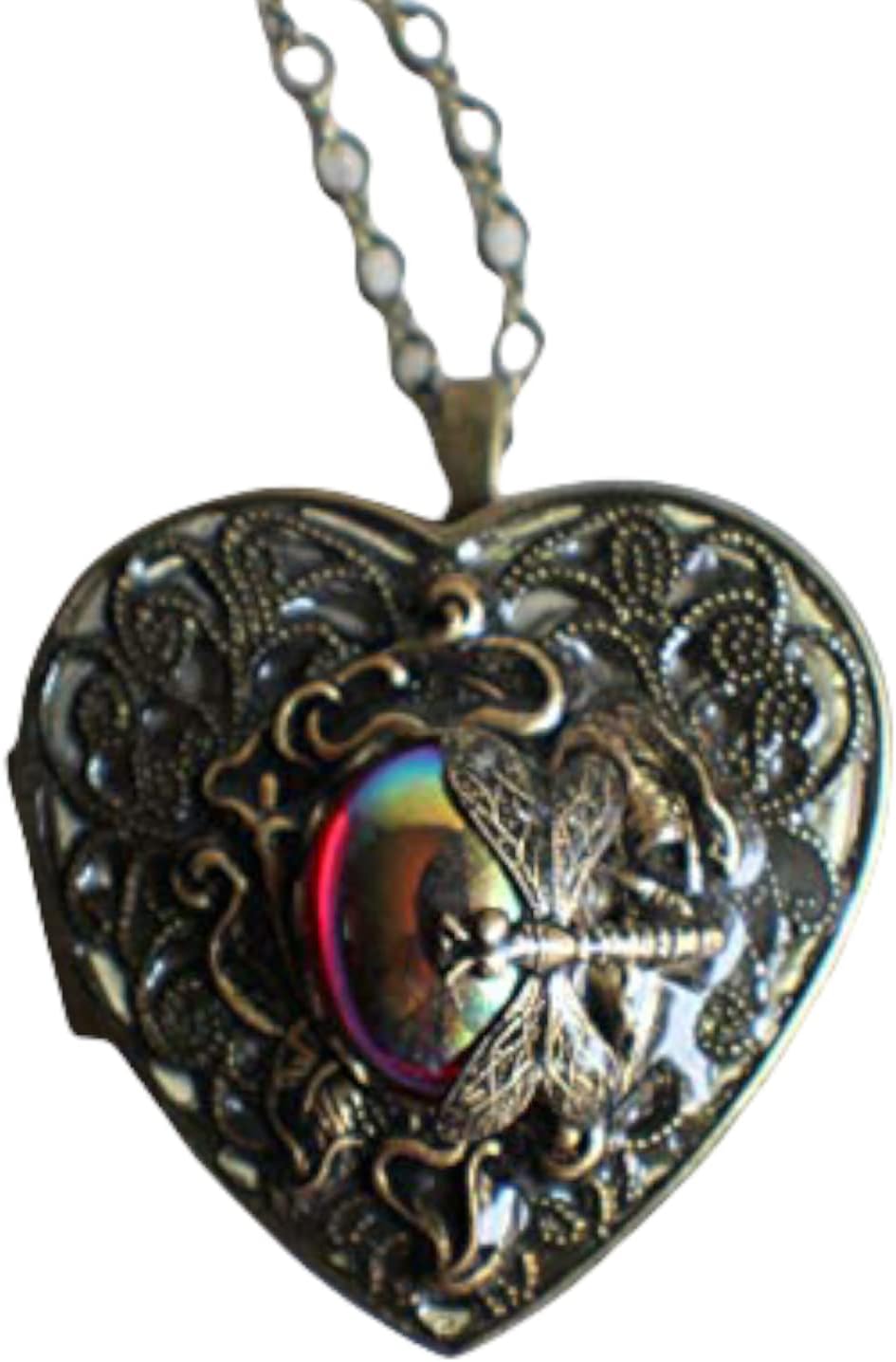 Dragonfly Music Box Locket with Ruby Glass Cabochon