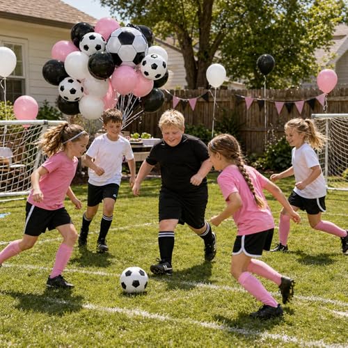 Image of Pink Soccer Balloons, 12Inch Pastel Pink and Black White Football Print Latex Balloons with Foil Football for Boy Girl Soccer Star Sports Themed Birthday Baby Shower Party Decorations