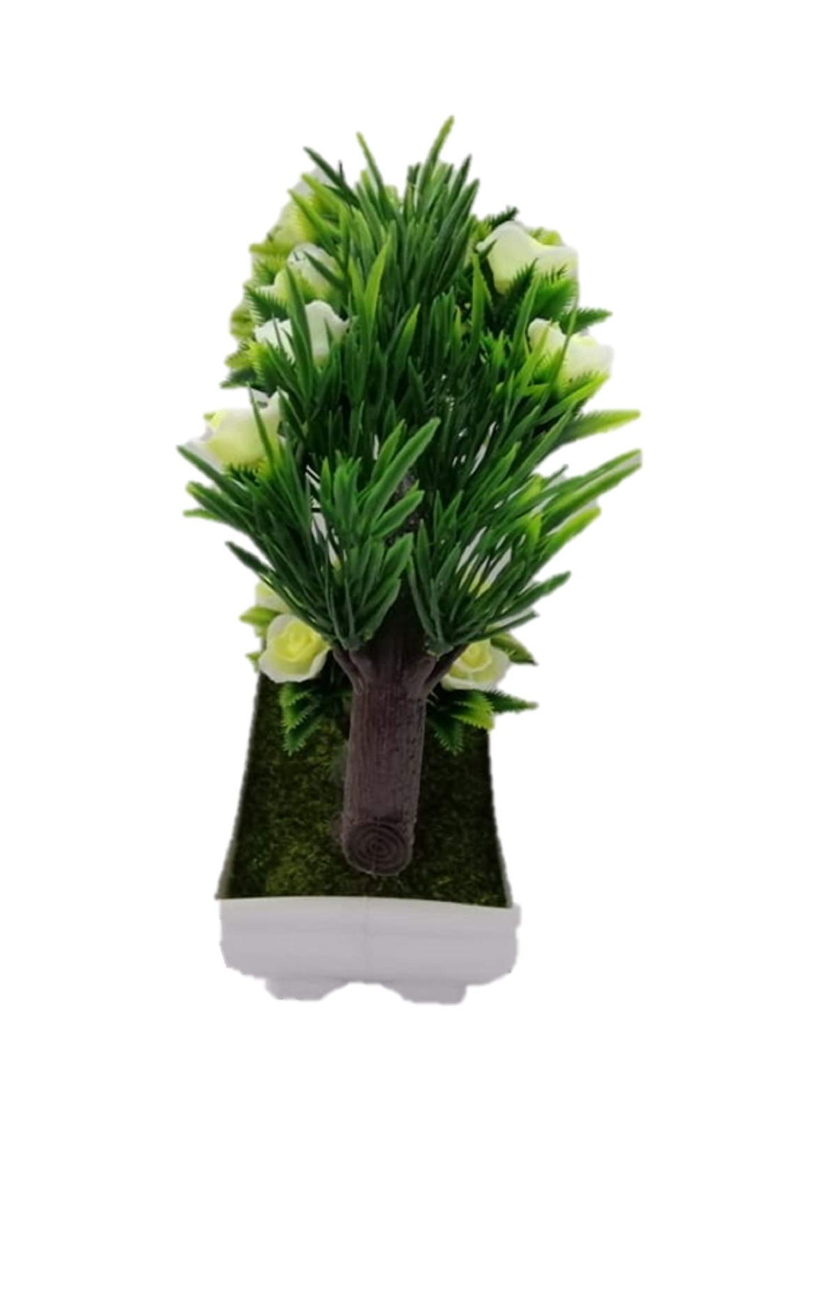 Breewell Artificial Roses Bonsai Flowers with Plastic Pot (Green & White, 1 Piece) 2