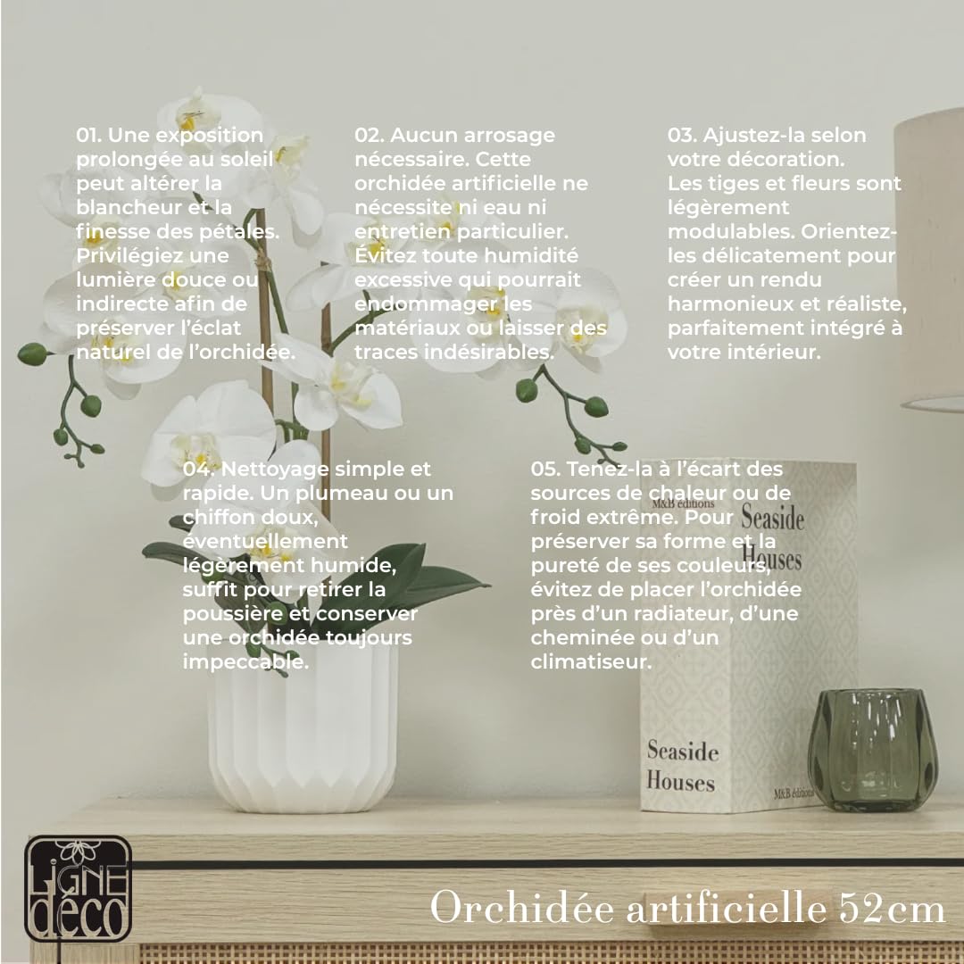 Ligne Déco - Orchidée Artificielle 52cm | Pot Plastique Blanc Intérieur Imitation Terre