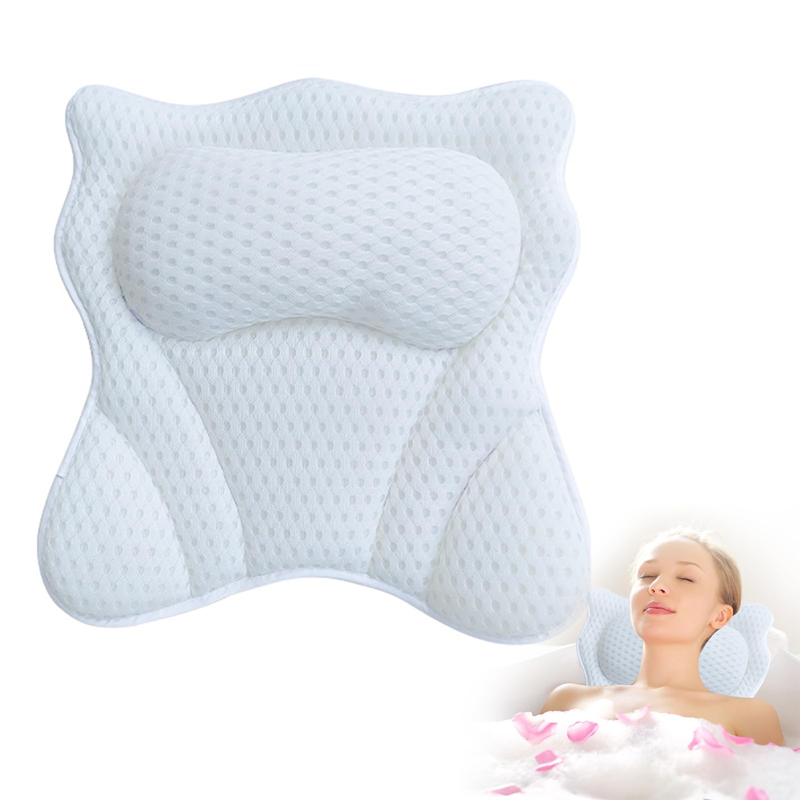 Bath Pillow,Comfortable Bathtub Pillow with 6 Strong Suction Cups,Ergonomic 4D Air Mesh Headrest Bath Cushion,Provide Support for Head,Back,Shoulder and Neck,Fits All Bathtub,Hot Tub,Home Spa(White)