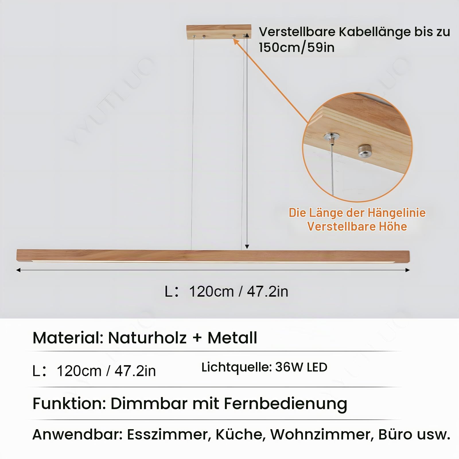 Quaderförmiger Linearer Kronleuchter Aus Holz, Dimmbares Licht Mit Fernbedienung, Hängeschnur 150cm Verstellbar, LED Modernes Minimalistisches, Wohnzimmer, Büro, Küche (Holzfarbe 120cm)