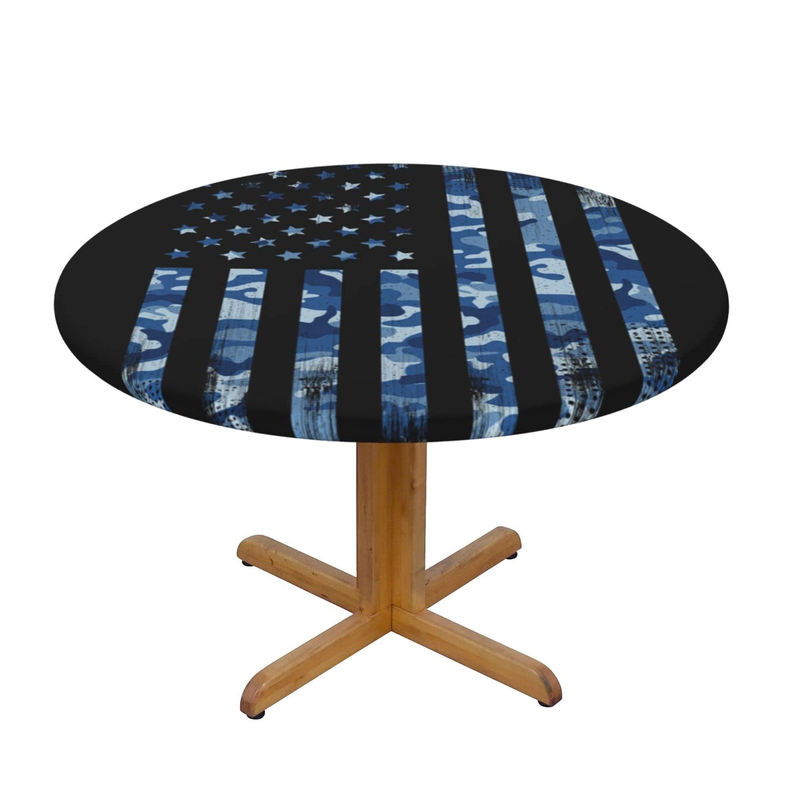 Lsjuee Round Fitted Tablecloth 40-44in Elastic Edged Table Cloth for Kitchen Dining Party Home Decor - Camo USA Flage Blue Black