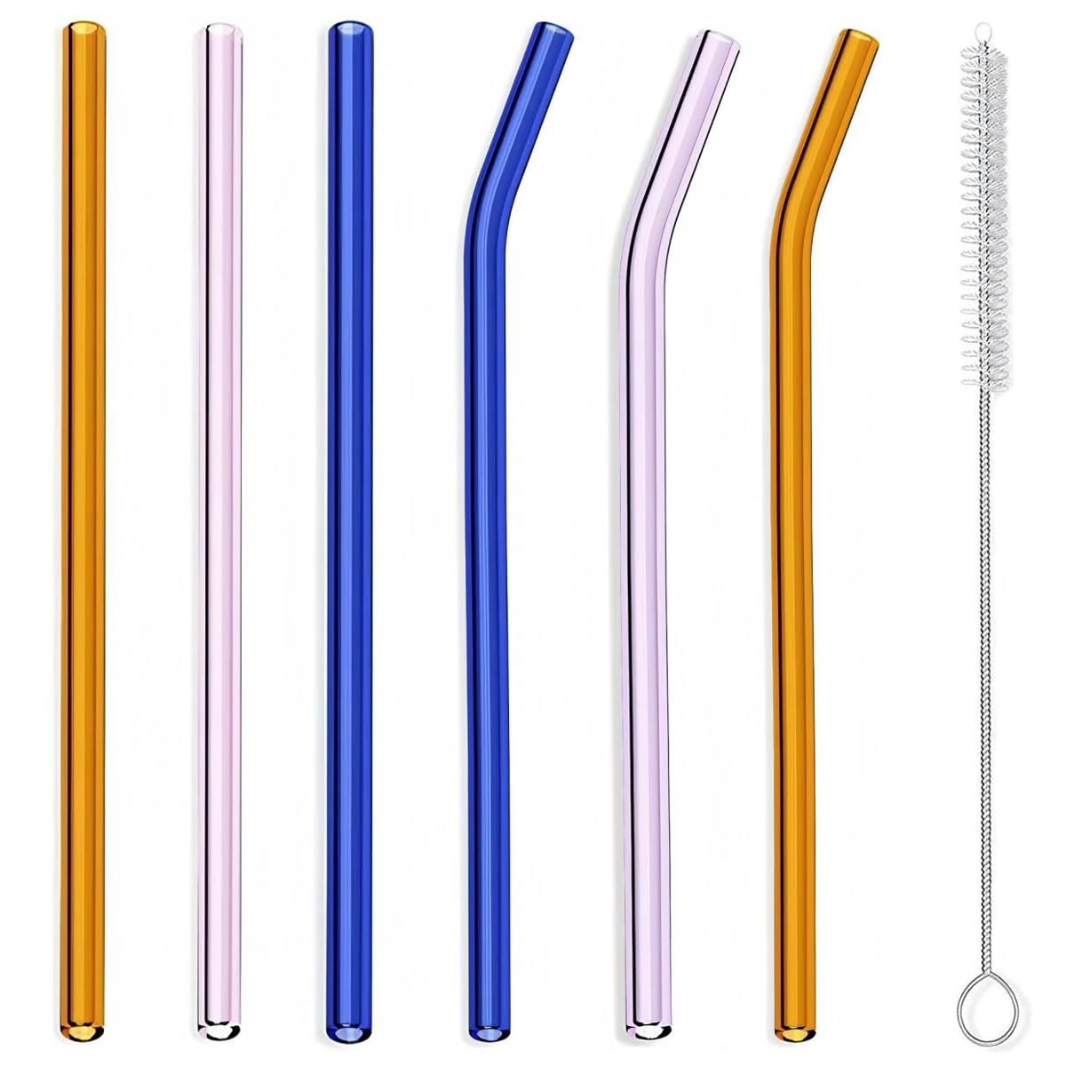 Reusable Bent Glass Drinking Straws, 8 in x 8 mm Set of 6 with 1 Cleaning Brushes for Ice Tea/Juices, Multi Color - Orange, Pink, Blue โ image 1