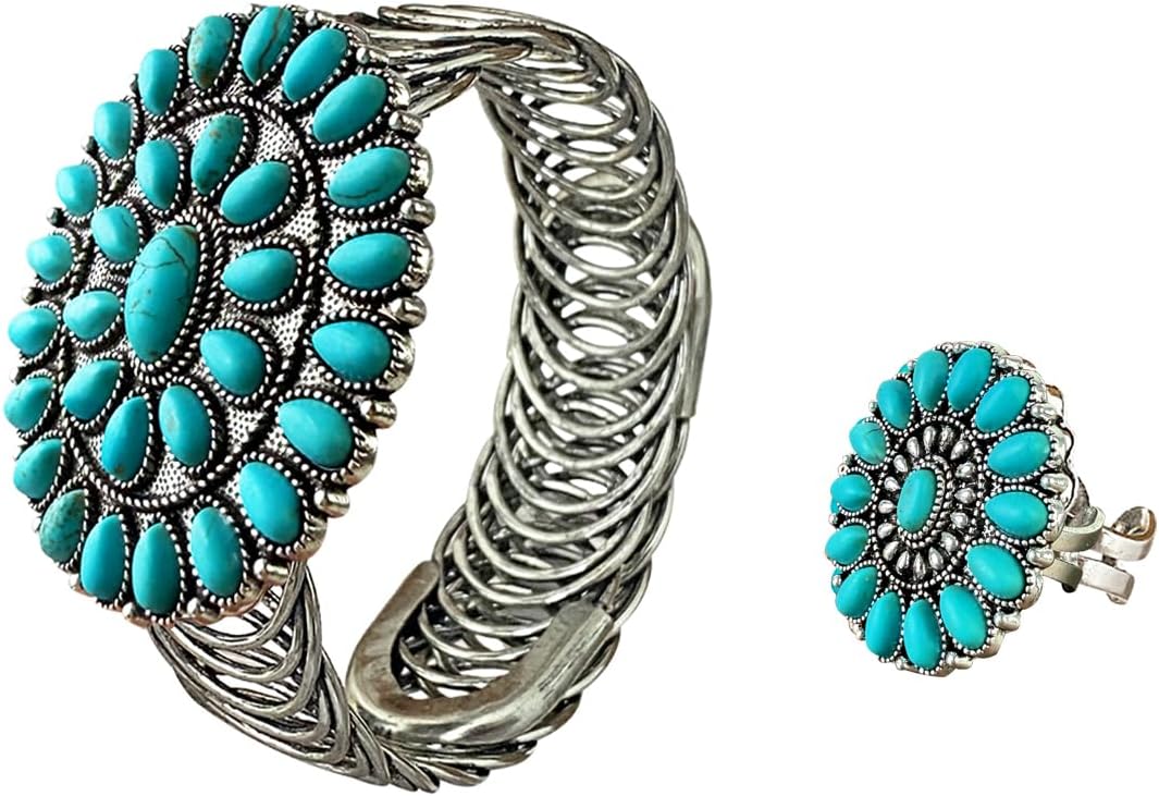 TOPACC Western Jewelry for Women Turquoise Bracelets with Ring Cowgirl Boho Jewelry Set