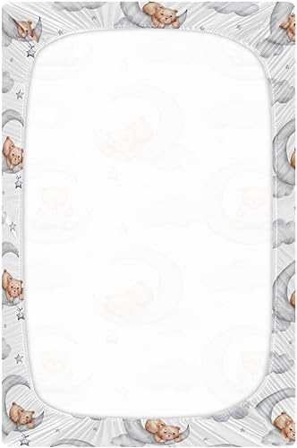 Miniatura 3 de Sábana bajera ajustable para cuna para niños y niñas, diseño de osos kawaii con luna, nubes grises, estrellas, acuarela, para cuna para niños