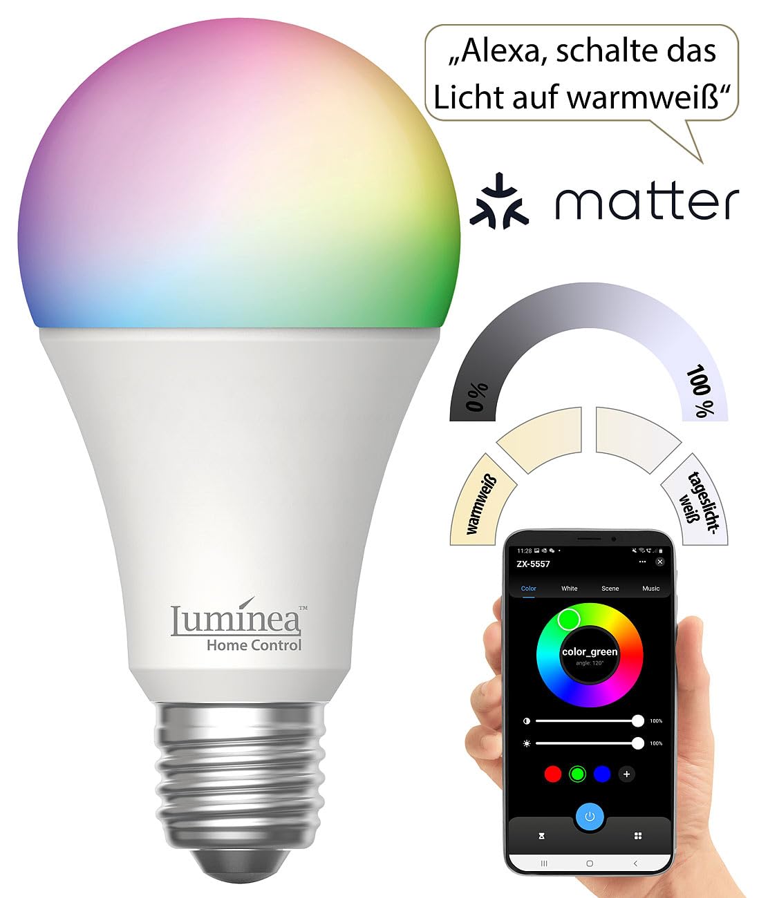 Luminea Home Control Glühbirne Farbe: 8er-Set WLAN-LED-Lampen, E27, Matter-kompatibel, RGB, CCT, 806 Lumen (LED-Glühbirne E27 kaltweiß, warmweiß WiFi, Leuchte)