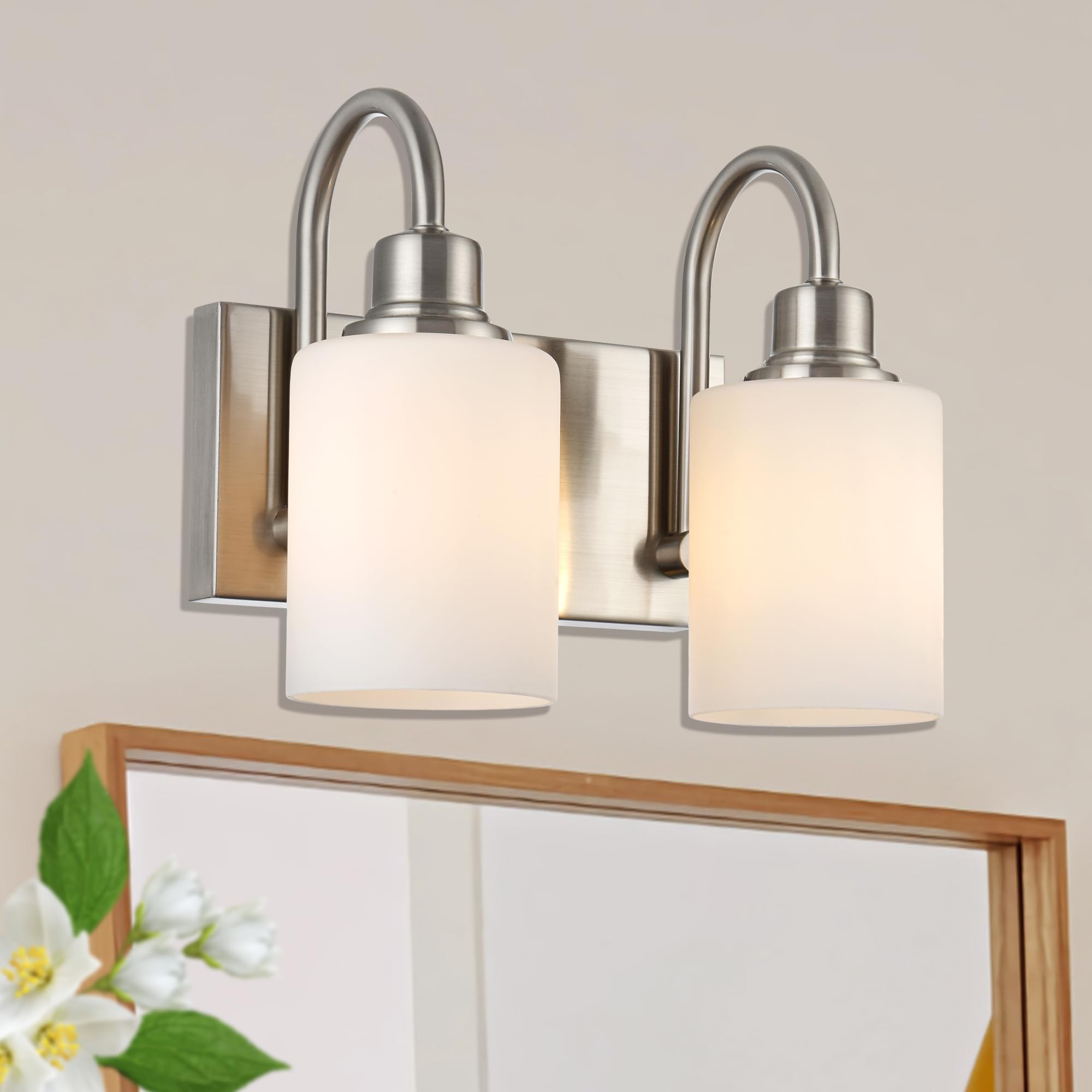 VINLUZ Light 2 Brushed Nickel Vanity with Milky Glass Shade