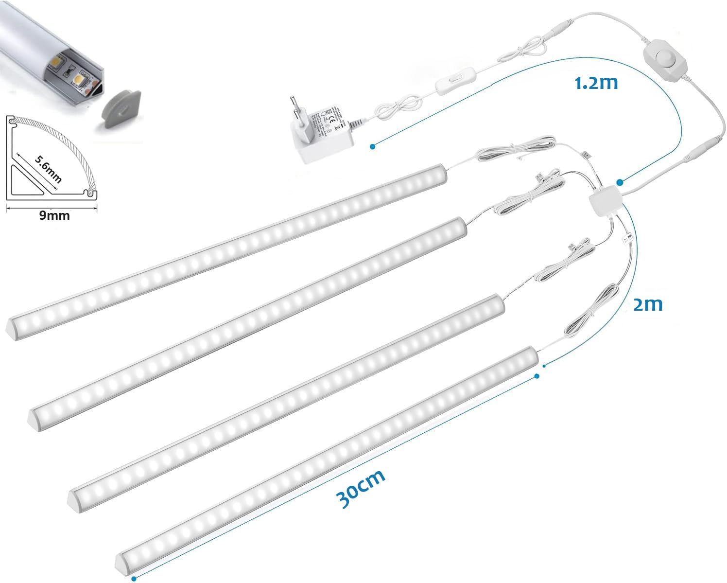 Kit de iluminación bajo el armario en forma de V - 4pcs Barras de luz LED regulables más elegantes de 30cm para iluminación perfecta de estanterías de vitrinas - 1200lm, 12W - Blanco puro (6000K)