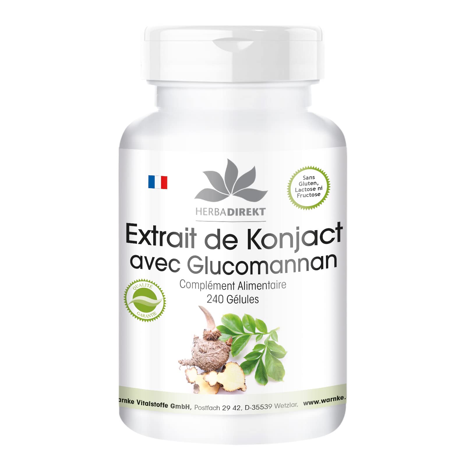 Konjac 527 mg - Extrait - 240 gélules - Végétarien - Avec 95% de glucomannane | Herba Direkt - Qualité des pharmacies allemandes