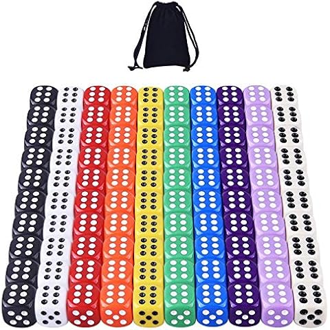 AUSTOR 100 Pieces 6- Sided Dice Set, 10 x 10 Colours 16mm Acrylic Dice with Free Velvet Pouches for Tenzi, Farkle, Yahtzee, Bunco or Teaching Math Cover