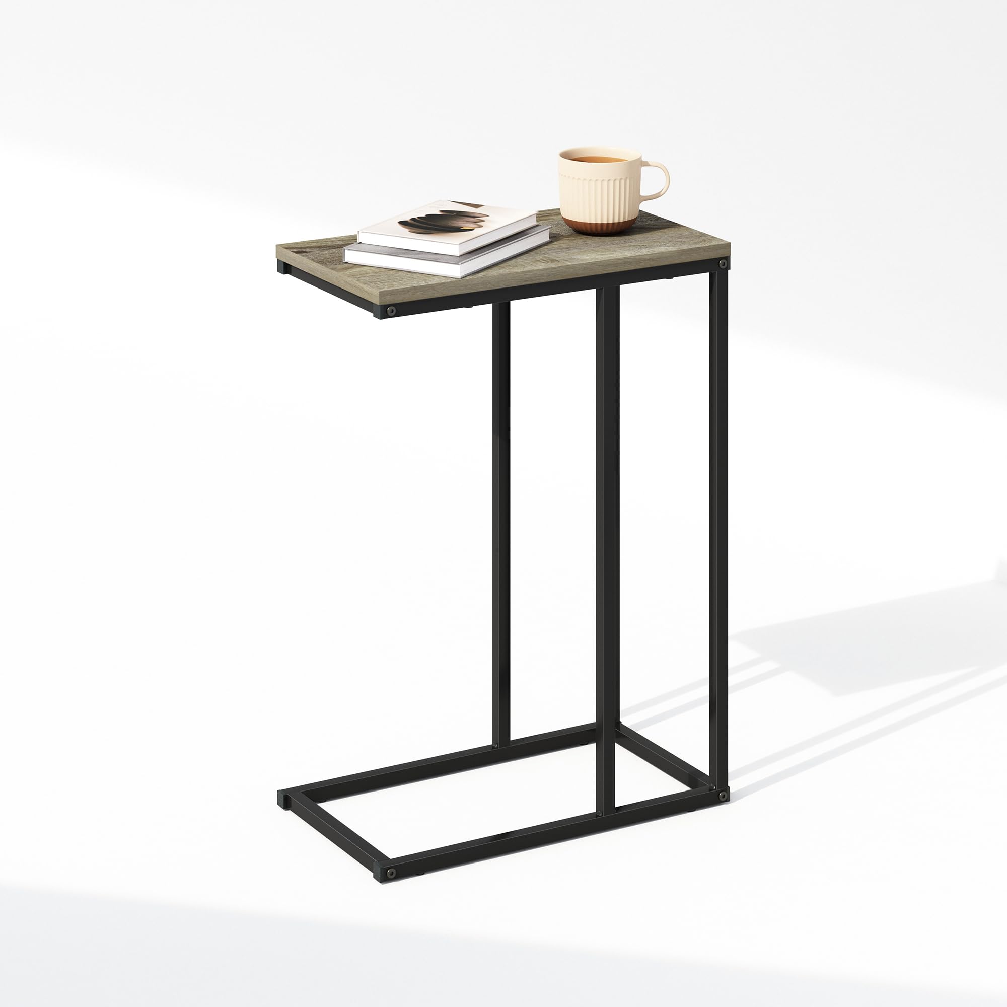 Furinno C-SHAPED Side Table, Tavolino Laterale con Struttura in Metallo, Comodino, Tavolino da Letto, per Soggiorno, Camera da Letto, French Oak Grey