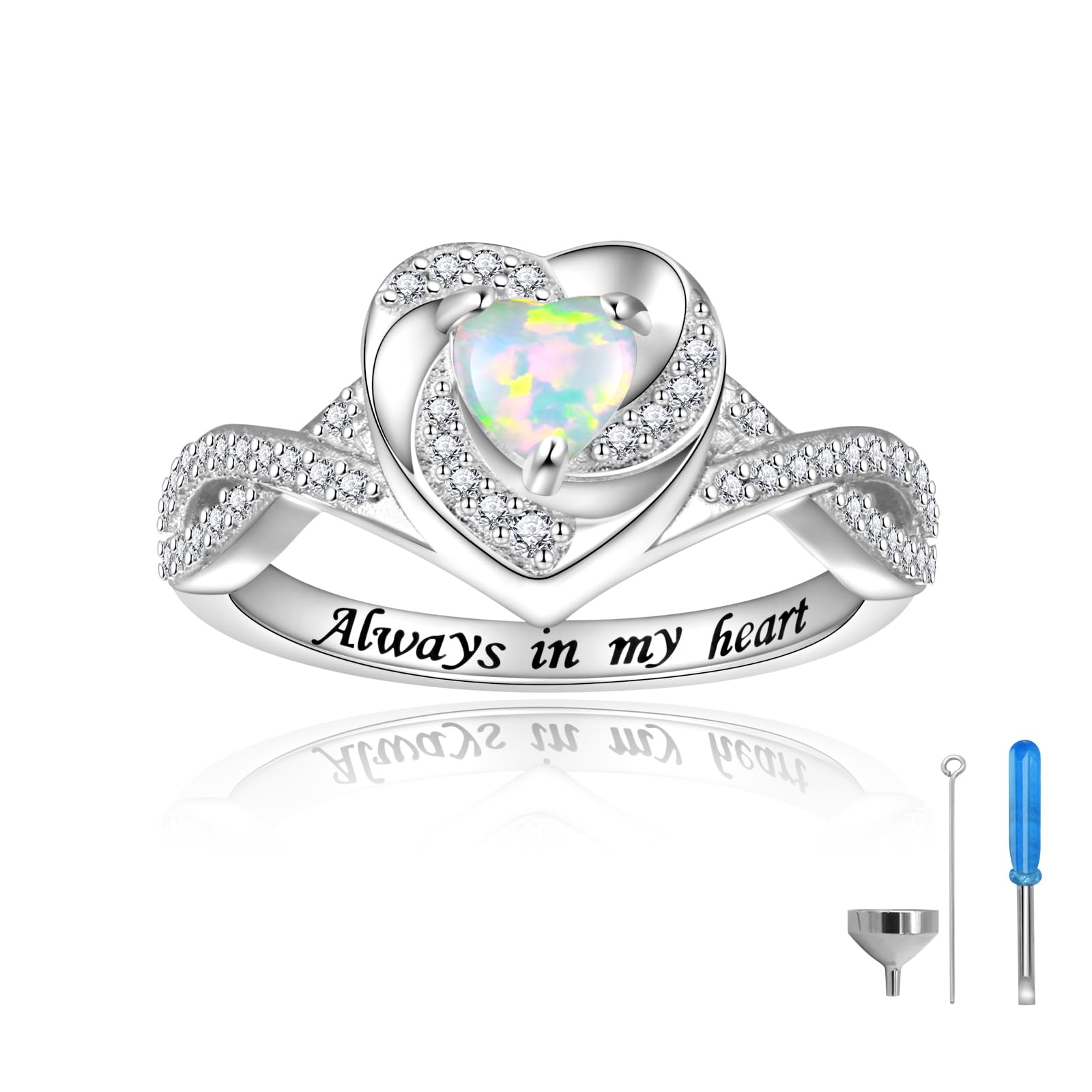 SarielHeart Cremation Ring for Ashes - 925 Sterling Silver Opal Urn Keepake Rings Memorial Jewelry for Women