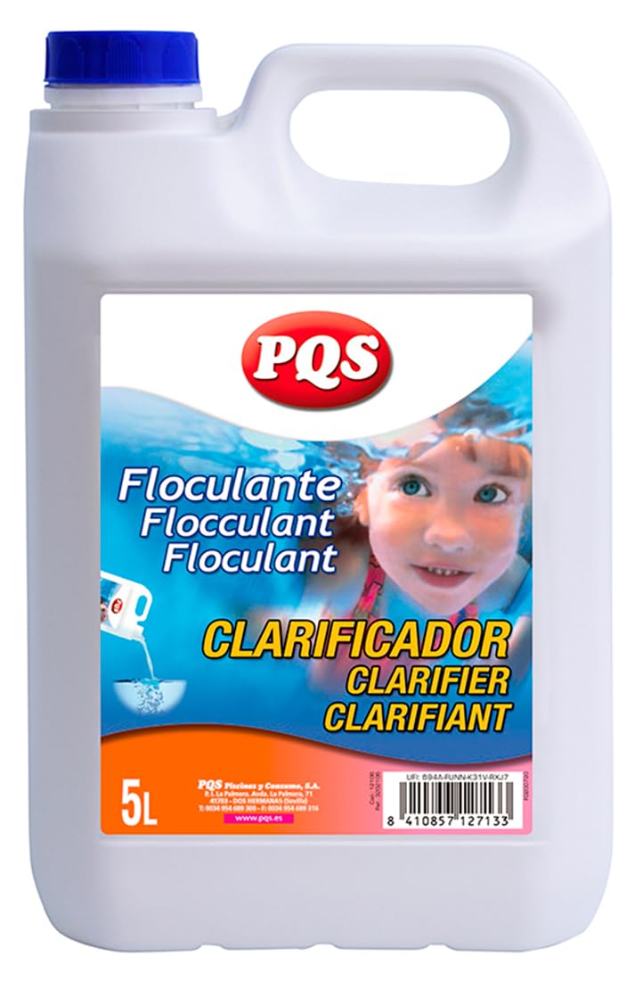 PQS - Floculante Líquido para Piscinas - Floculante de Piscina - Clarificador de Agua para Piscinas - Acción Decantadora Rápida - Sin Cloro - No Modifica el pH - Mejora la Filtración - Formato 5 L