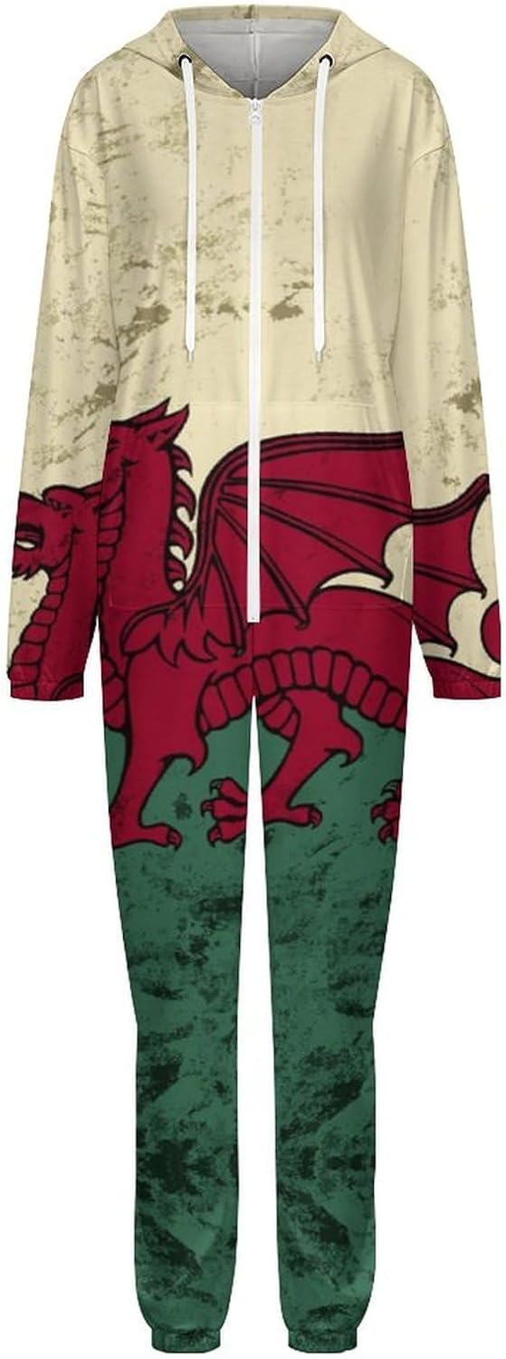 Vintage Welsh Flag Adult Pajamas Onesie with Hood Pocket Jumpsuits One Piece Sleepwear