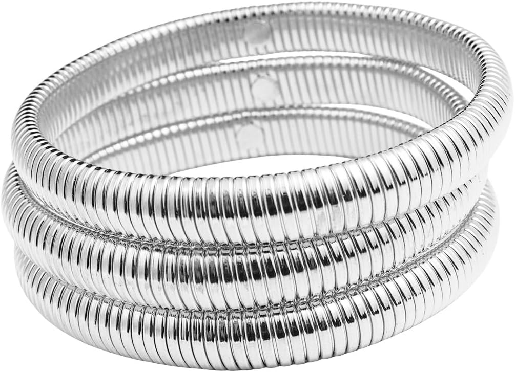 Pingyongchang Gold Silver Chunky Bangle Stretch Bracelets For Women Men 14K Gold Filled Stainless Steel Bracelet Stretchy Link Chain Bracelet Wide Wristband Non Tarnish Trendy Jewelry Set of 3