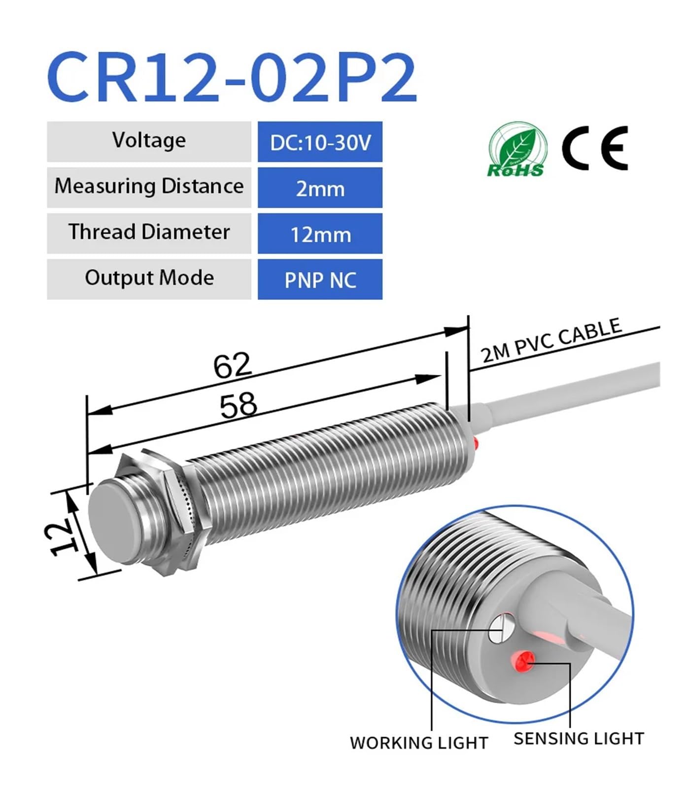 Capteur de proximité capacitif M12, 3 fils DC 10-30V NPN PNP IP65, interrupteur industriel sans contact (Color : 2MM DC3-wire PNP NC)