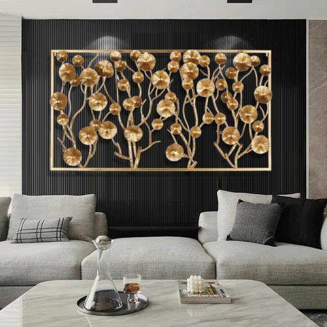 Image of ZOVE Luxury Golden Metal Wall Art for Living Room | Modern Floral Leaf Design Decorative Wall Hanging | Premium Wall Decor for Home, Bedroom, Hall, Office | Gold Finish, Large Size : 44 x 22 Inch