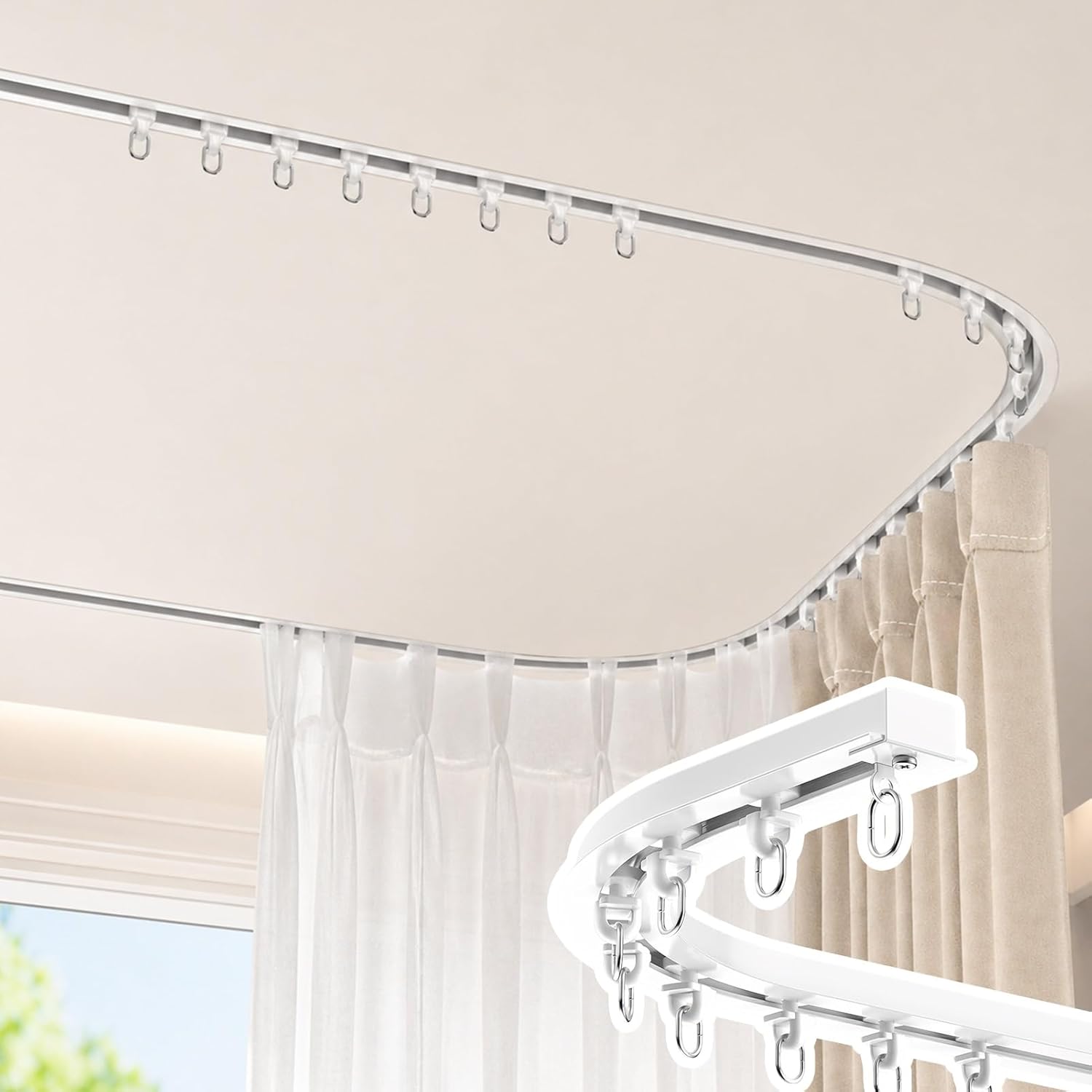 Flexible Curved Curtain Track Ceiling Mount, Concealed Bendable Curtain Rail System, Room Divider Drapery Pole Rod for U Shape Corner Windows(18.5ft/564cm)
