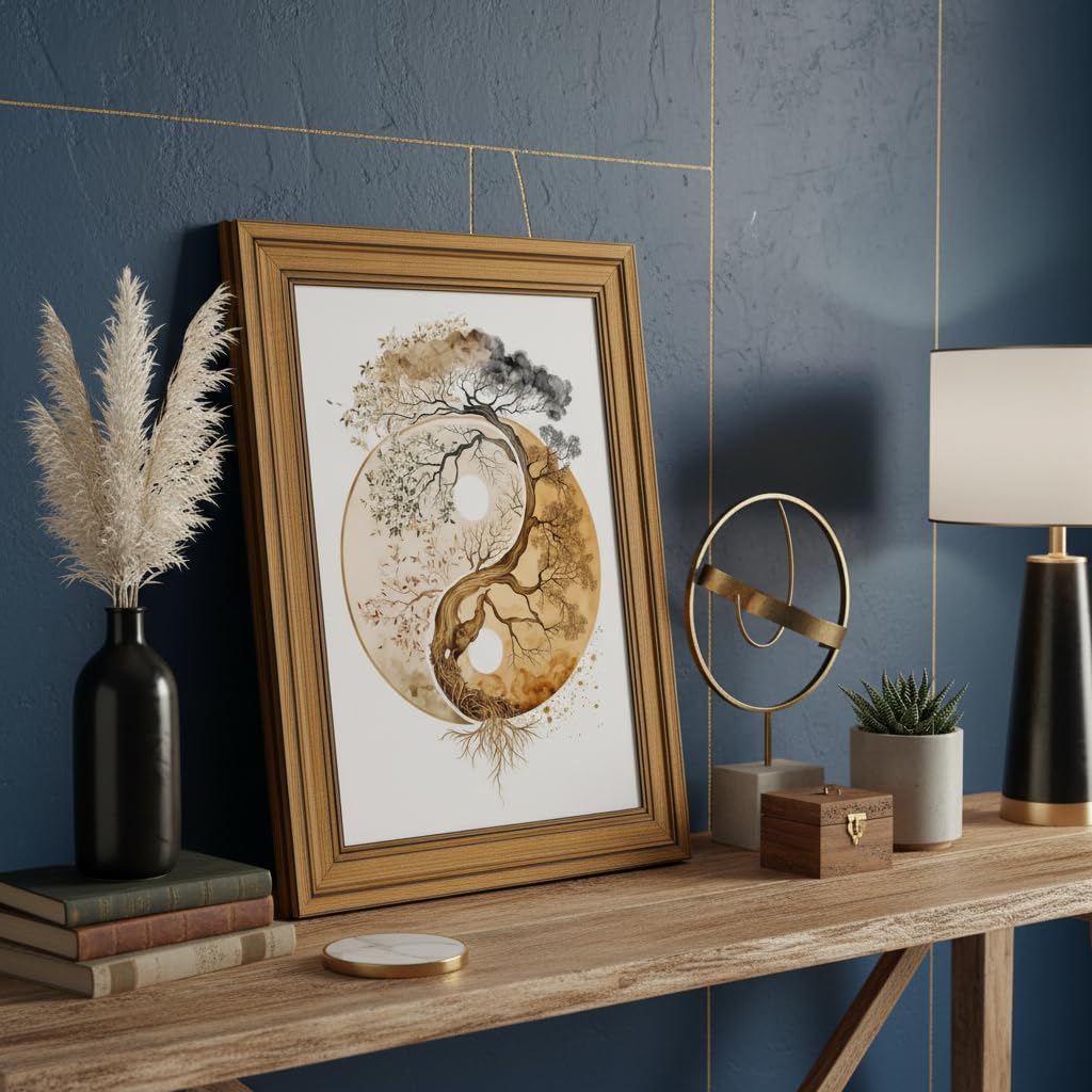 Vintage Gold Framed Tree of Life Canvas Wall Art, Neutral Zen Poster Print Artwork, Abstract Yin Yang Fall Painting Picture Wall Decor, for Living Room, Yoga Room, Hotel, Bedroom, Home Decoration, 12x16in