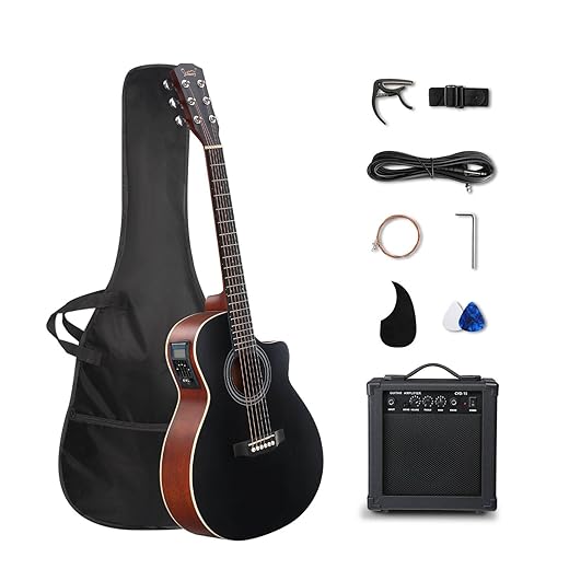 GLARRY 41in Full Size Acoustic Electric Guitar Beginner Kit with 15W Amp, 5-band EQ Cutway Design 6 Strings Electric Acoustic Guitar with Bag, Strap, Picks, Strings, Wrench (Black)