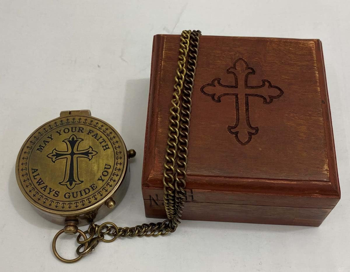 Brújula de latón hecha a mano de 5 cm, brújula de bolsillo marina vintage en cadena con caja de madera, brújula de trabajo coleccionable