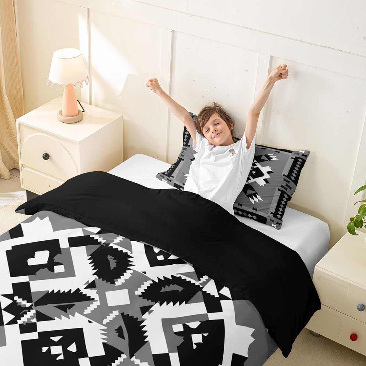 Southwestern Aztec Duvet Cover Set Grey Black White Native American Girl Toddler Bedding Set for Little Boys Lightweight Tribal Geometric Comforter Cover Bed Sets All Season Western Bedroom Decor