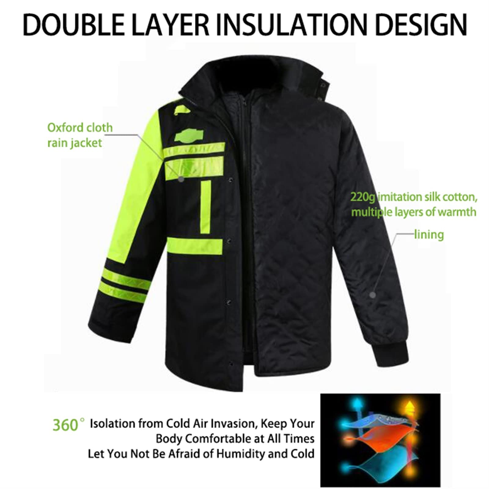 QIULAO Giacca Invernale Riflettente ad Alta Visibilità, Abbigliamento di Sicurezza sul Lavoro Impermeabile da Uomo, con Cappuccio, Fodera Rimovibile, Calore in Lana di Seta, Giubbotto Bomber Rifletten