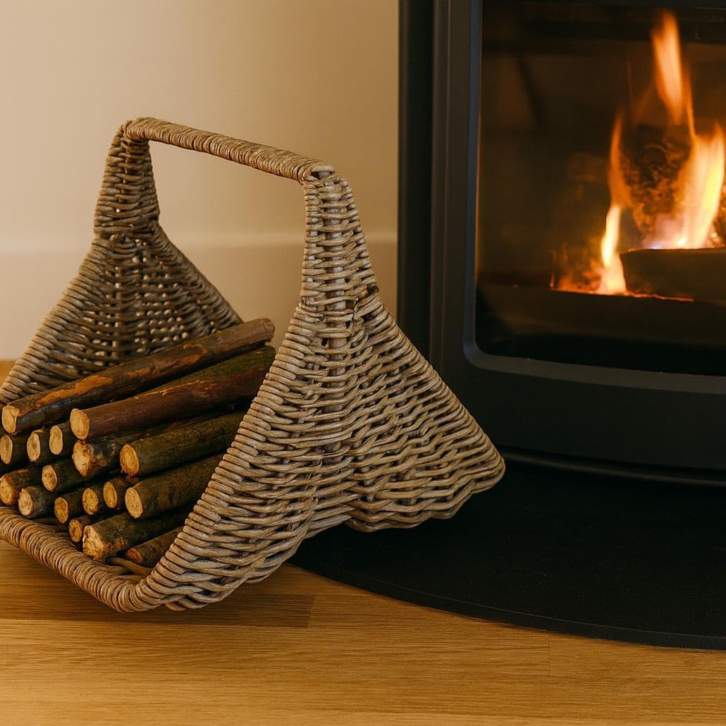 Kobolo Holztrage Holzkorb für Kaminholz Rattan mit Leinenstoff Kubu Grey