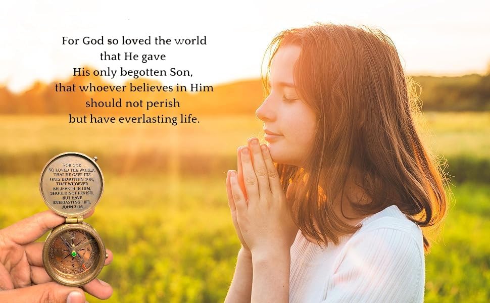 Engraved Brass Compass with Wooden Box Bible Verse Cross with John 3:16 Bible Verses Prayer Charm Faith Religious Birthday Inspirational