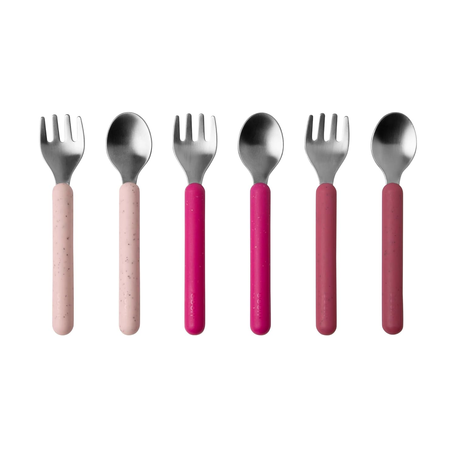Boon Chow Stainless Steel Toddler Utensils - Includes Baby Spoons and Baby Forks - Toddler Silverware Feeding Supplies - Magenta, Mauve, Pink - 6 Count - 18 Months and Up (Pink) Thumbnail