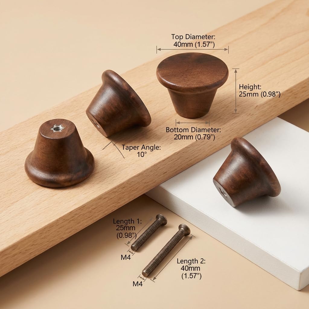 Mid Century Modern Walnut Mushroom Knobs for Cabinet,Drawer,Dresser and Closet Doors.Round Vintage Brown Wooden Crafts Furniture Knobs,Pulls and Handles (1.57'' Round Table Knobs, 6)