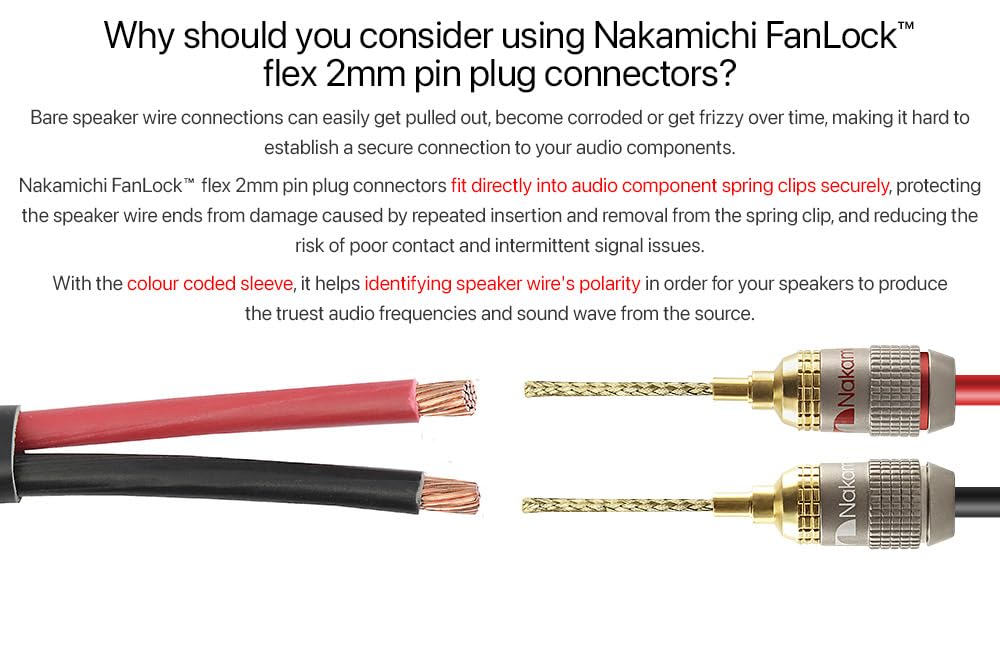 Nakamichi FanLock Wtyczka Pin 2mm Flex Platerowana 24-Karatowym Złotem 10 AWG - 18 AWG Rozmiar 4mm do Głośników, Wzmacniacza Hi-Fi, Kabla Audio, Szybkozłącze, 4 Sztuki (2 Pary)