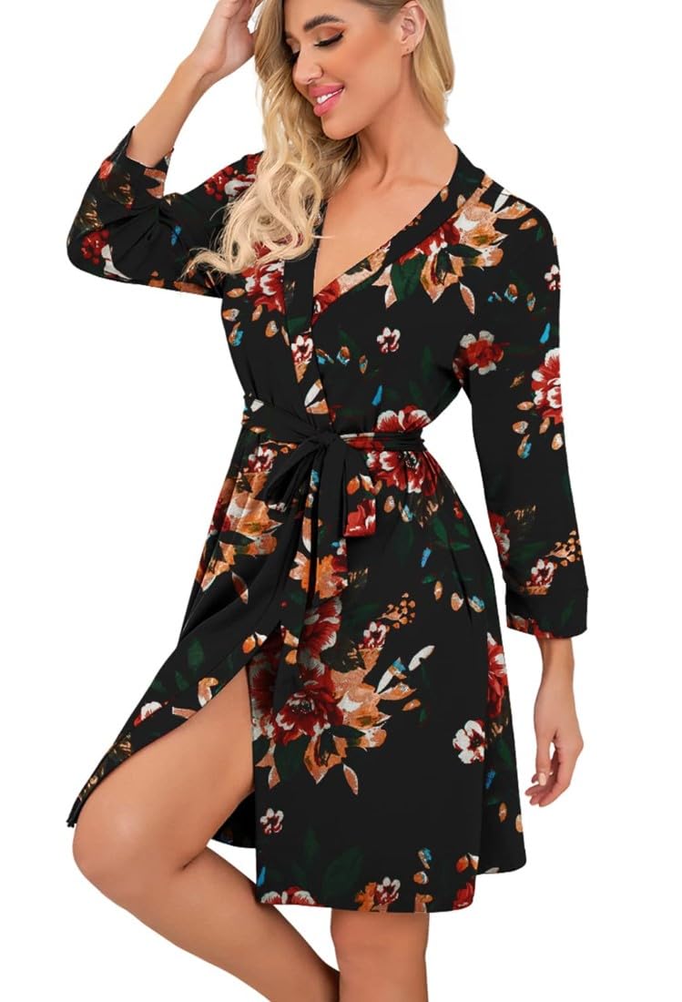 PrinStory Peignoir long ou court en tricot pour femme - Kimono doux - Robe de chambre décontractée pour femme