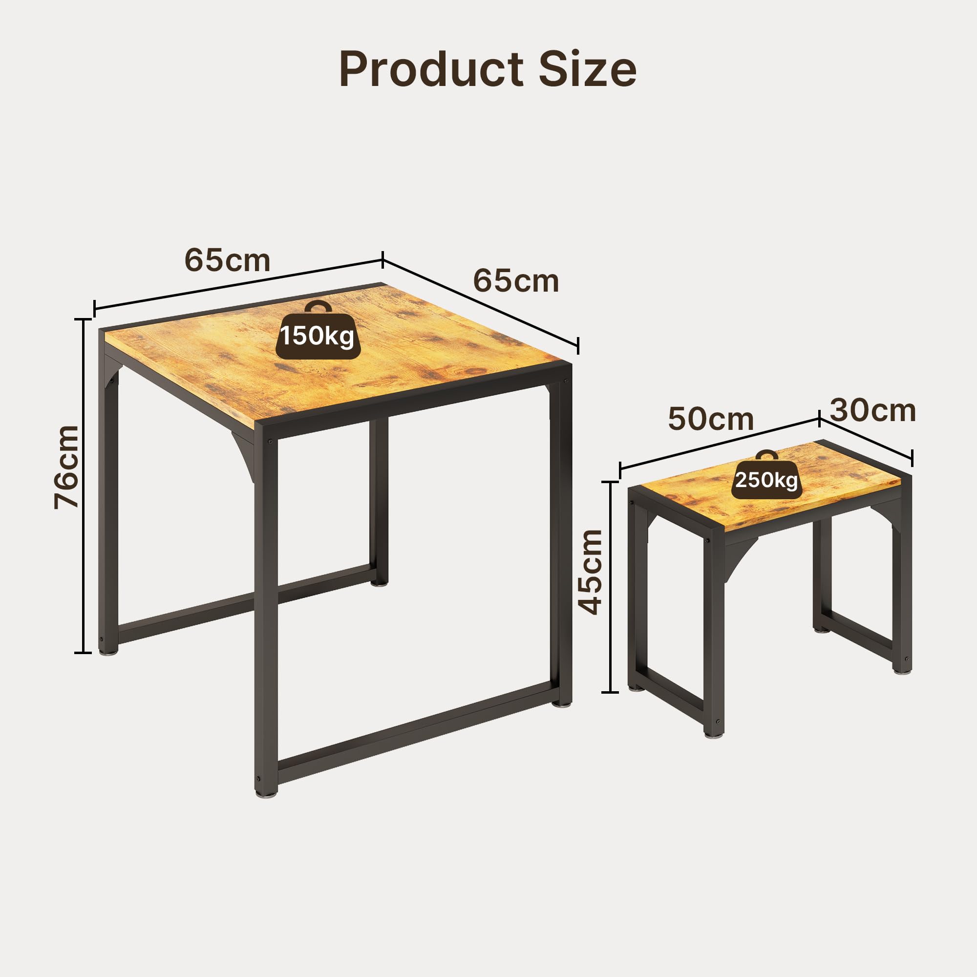Esstisch mit 2 Bänken, 3-teiliges Esstisch-Set, Küchentisch 65x65x76cm, 2 Bänke je 30x50x45cm, kompaktes Esstisch-Set aus Metallrahmen für Küche & Esszimmer, Retro