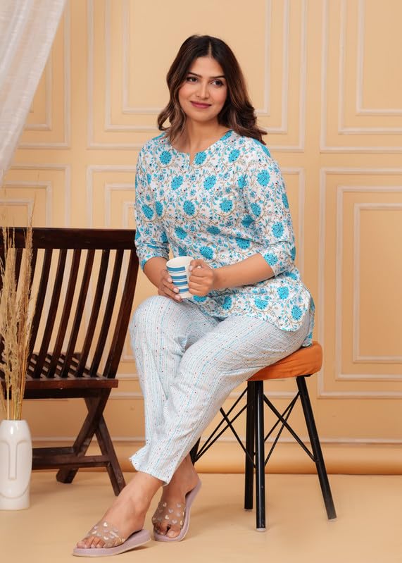 Image of Cotton Printed Night Suit for Women's Shirt and Pyjama Set Sleep wear Set for Womens and Girls